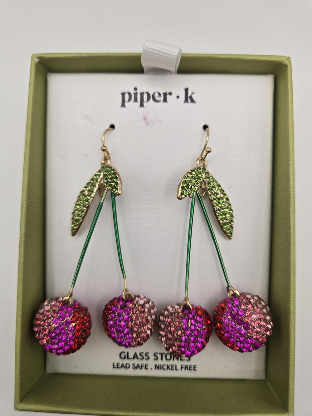 NIB Piper.k Pink Red Crystal Cherry Drop Earrings Green Leaves Viral TikTok Fun